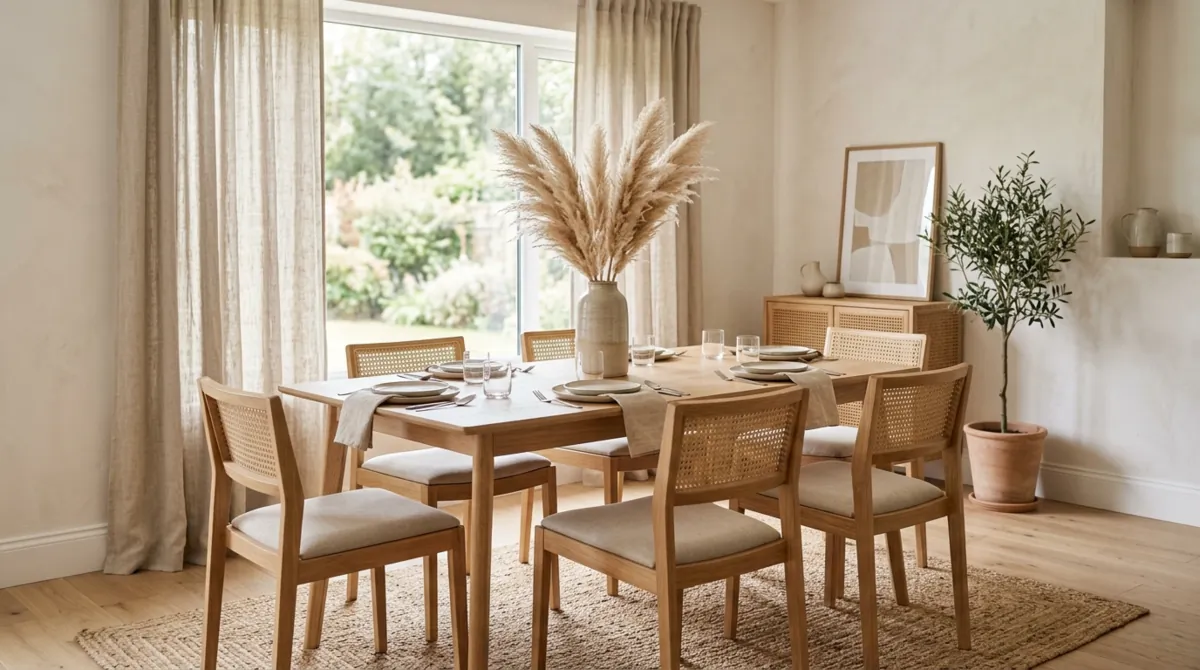 Minimal boho dining room with light wood table, linen curtains, and pampas grass.