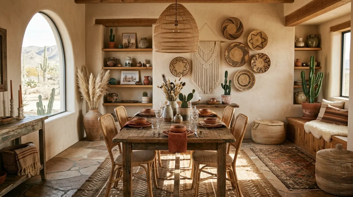 Desert boho dining room with clay pottery, woven baskets, cactus decor, and earthy tones.