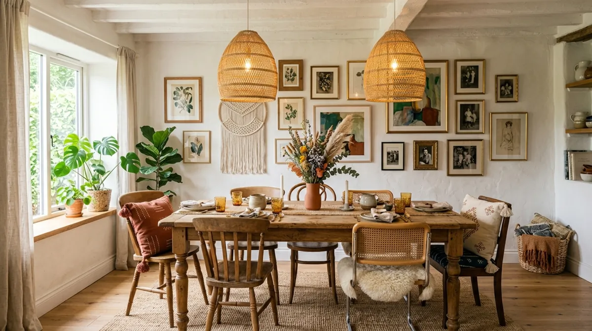 Boho chic dining room with whitewashed walls, rattan pendants, gallery wall, and textured fabrics.