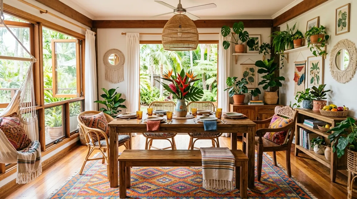 Tropical boho dining room with lush plants, wood furniture, colorful rugs, and daylight.