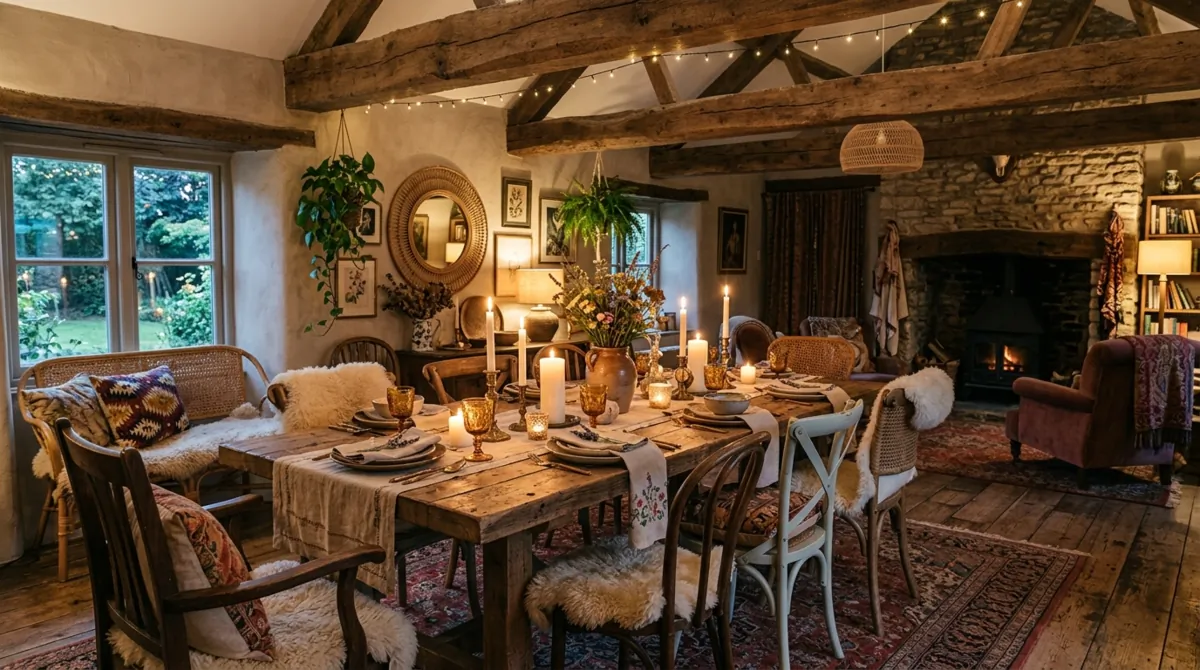 Rustic bohemian dining room with beams, vintage chairs, layered textiles, and candlelight.