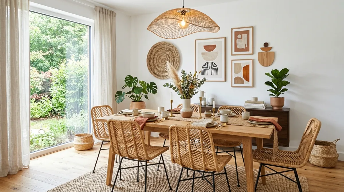 Modern boho dining room with white walls, rattan furniture, abstract art, and earthy tones.