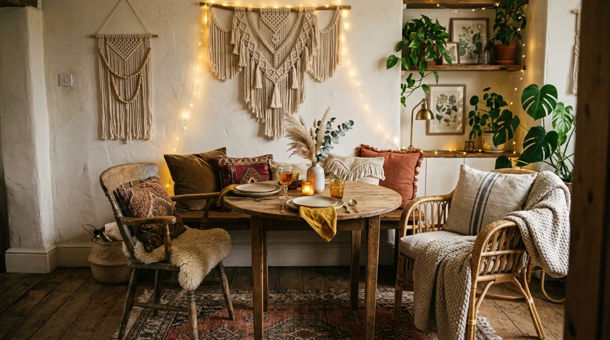Bohemian dining nook with macrame, small round wood table, mixed seating, and fairy lights.