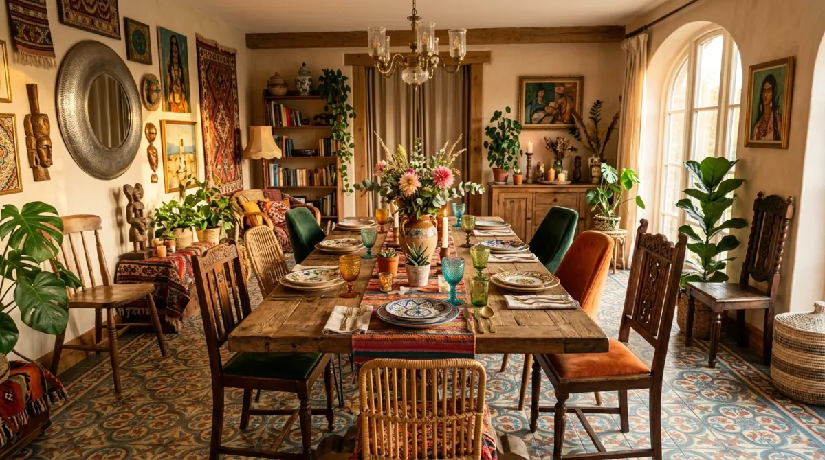 Eclectic dining room with global decor, patterned floor tiles, mixed textures, and artistic table setting.