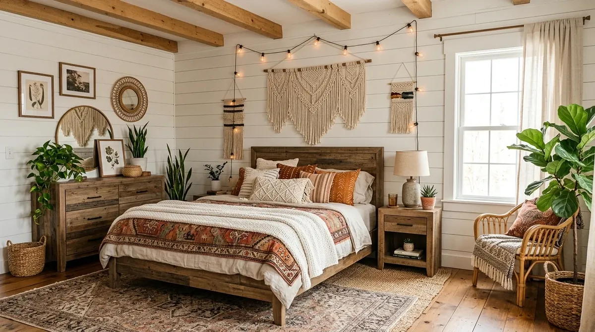Boho farmhouse bedroom with shiplap walls, reclaimed wood bed, layered textiles, and warm natural light.