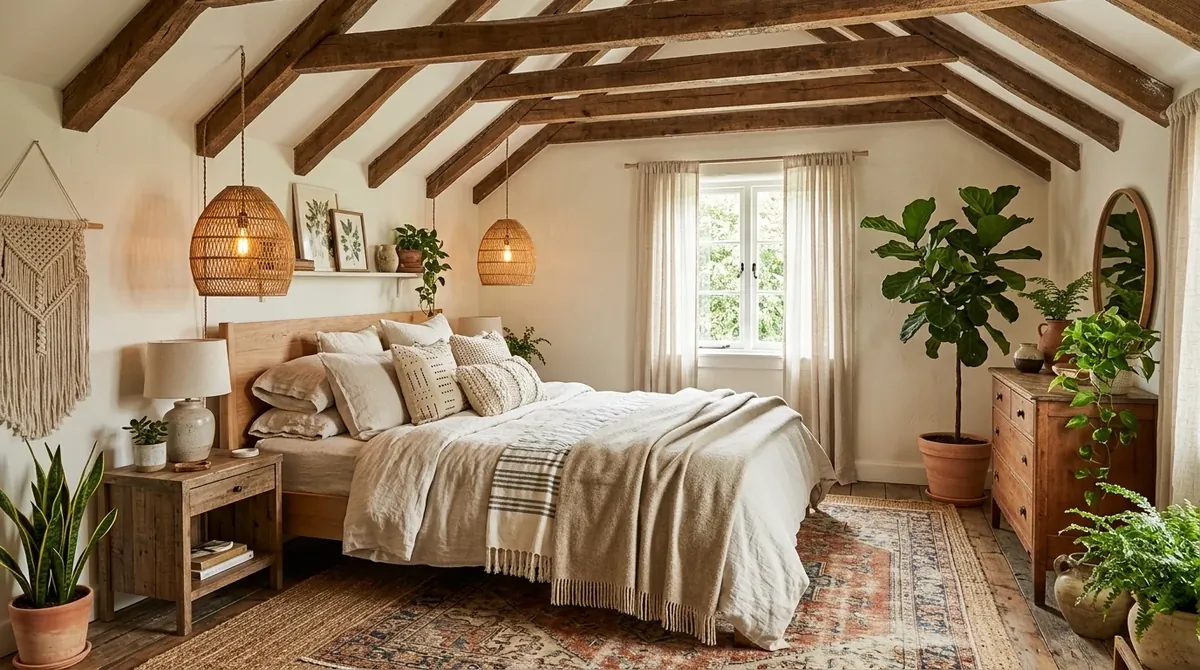 Boho farmhouse bedroom with exposed beams, neutral linen bedding, rattan pendants, vintage rugs, and plants.