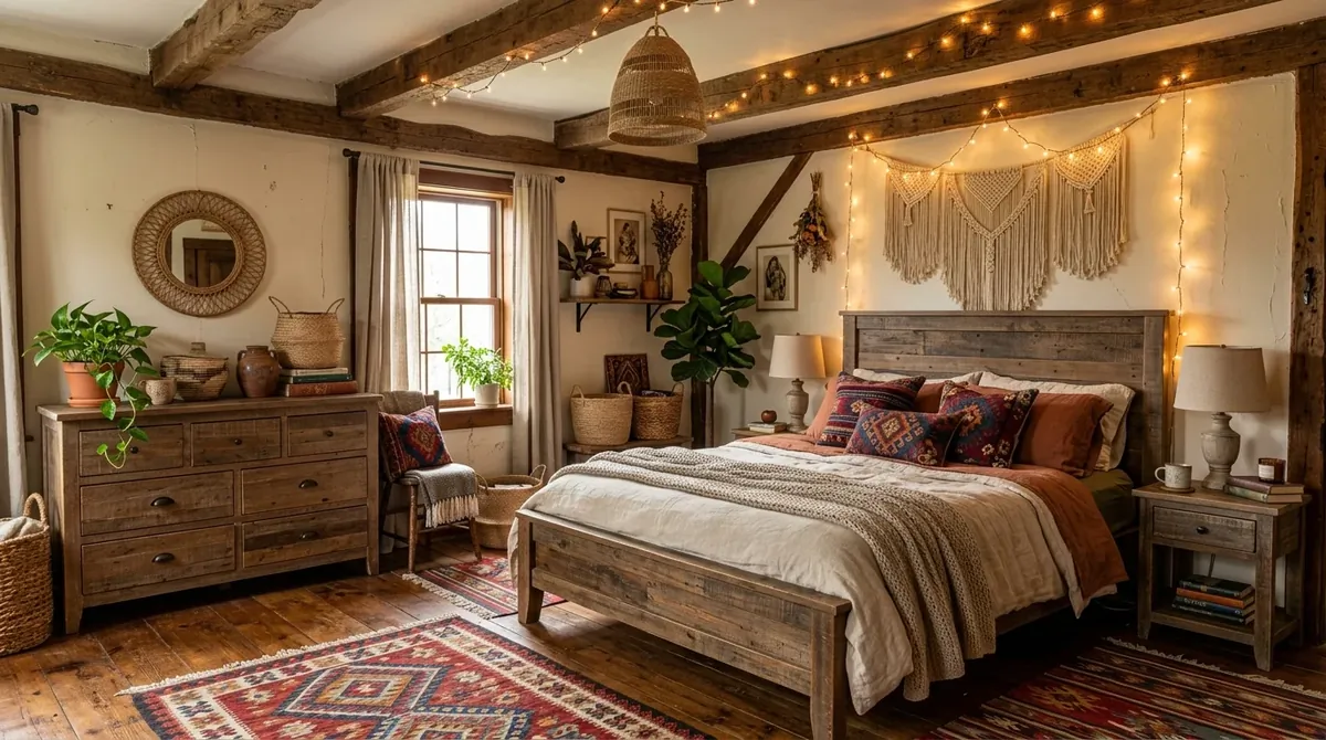 Rustic boho bedroom with distressed wood furniture, kilim rugs, woven baskets, and fairy lights.