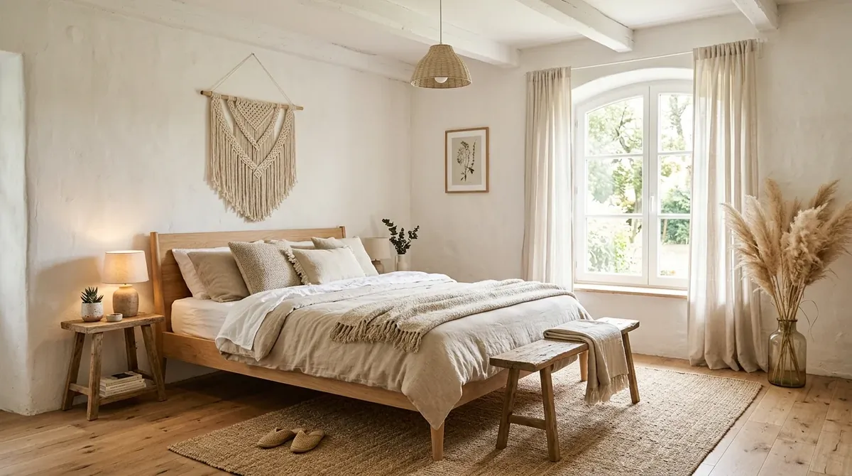 Minimal boho farmhouse bedroom with whitewashed walls, simple wood bed, beige textiles, and pampas grass.