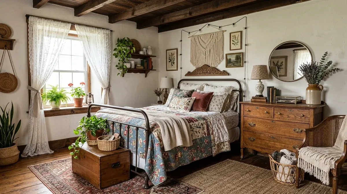 Vintage-inspired boho farmhouse bedroom with antique dresser, floral bedding, lace curtains, and rustic wood accents.