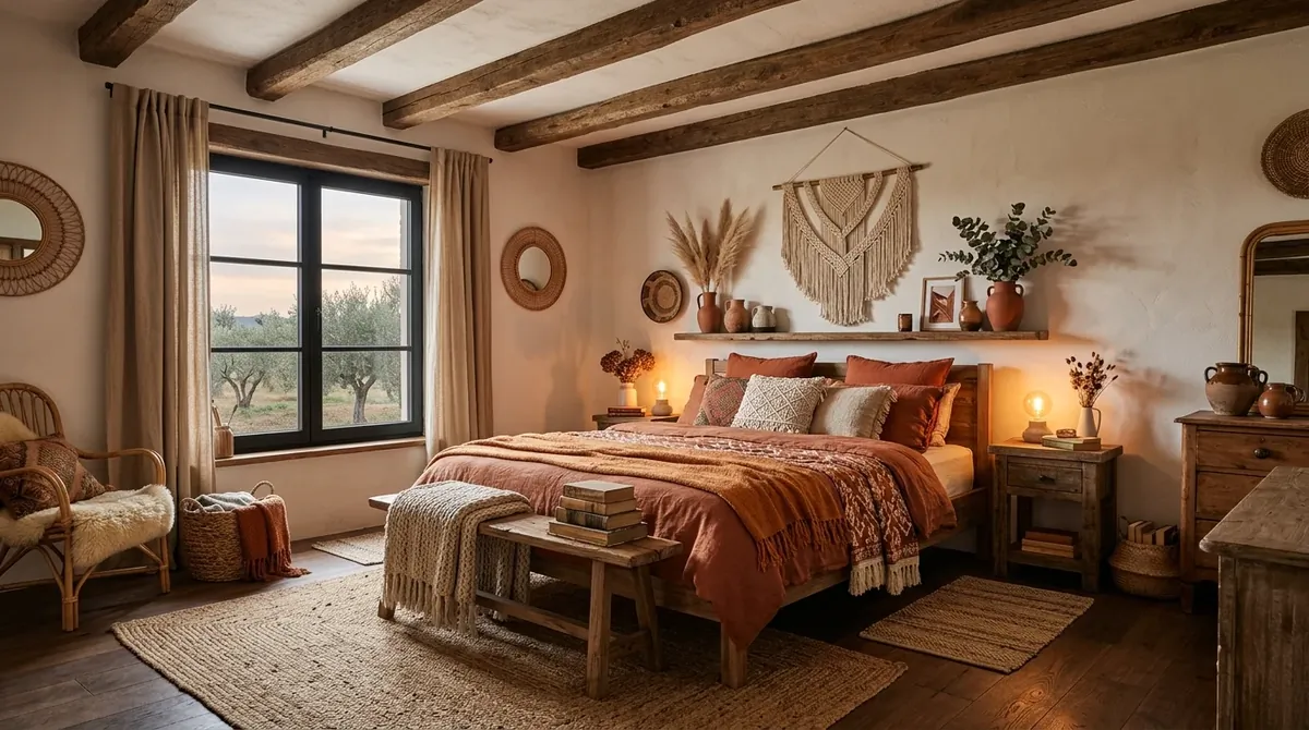 Earthy boho farmhouse bedroom with terracotta tones, jute rugs, beam ceiling, and warm ambient lighting.