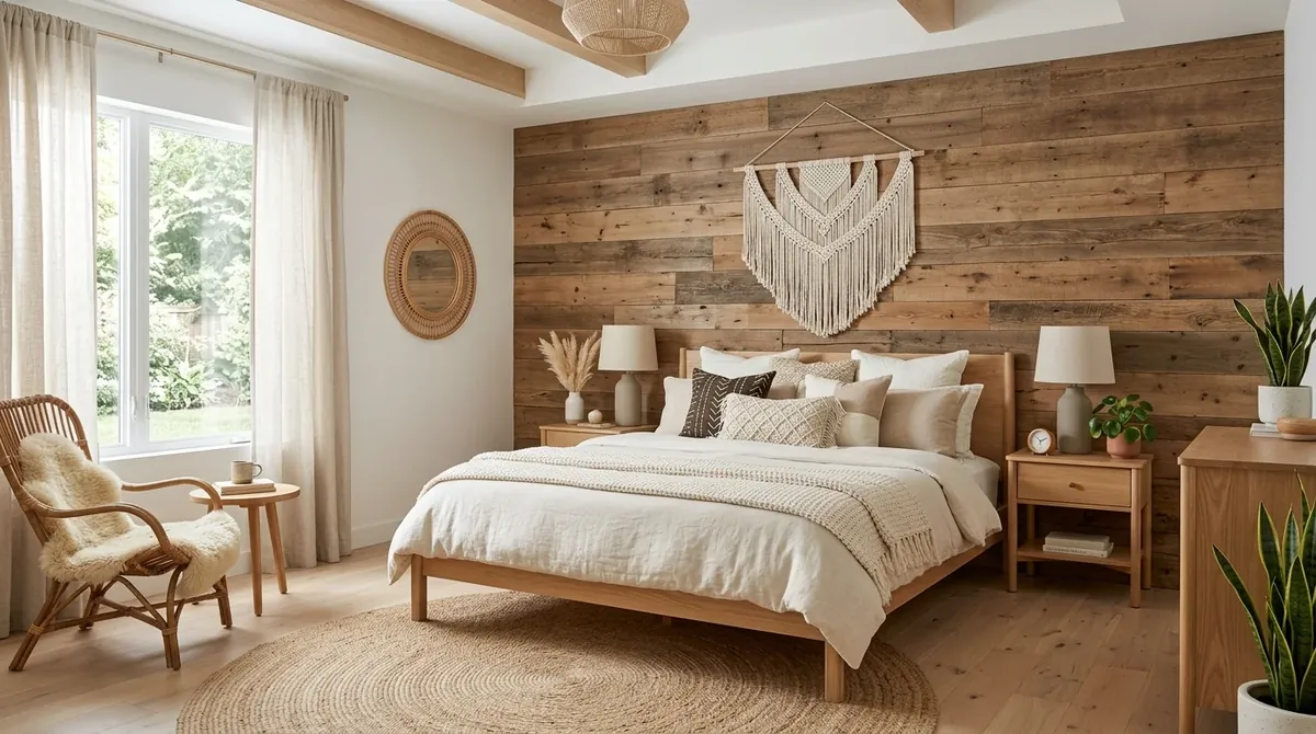 Modern boho farmhouse bedroom with clean lines, reclaimed wood accent wall, neutral palette, and woven textures.