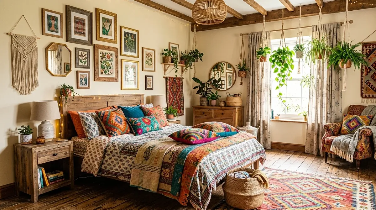 Eclectic boho bedroom with patterned textiles, colorful pillows, hanging plants, gallery wall, and wood floor.