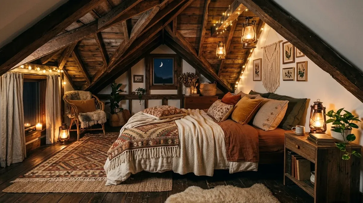 Cozy attic boho farmhouse bedroom with sloped ceiling, exposed beams, layered bedding, rugs, and lantern light.