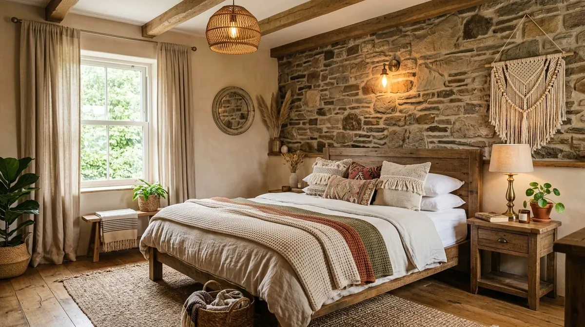 Rustic chic boho bedroom with stone wall, wood bed, linen curtains, and natural textures.