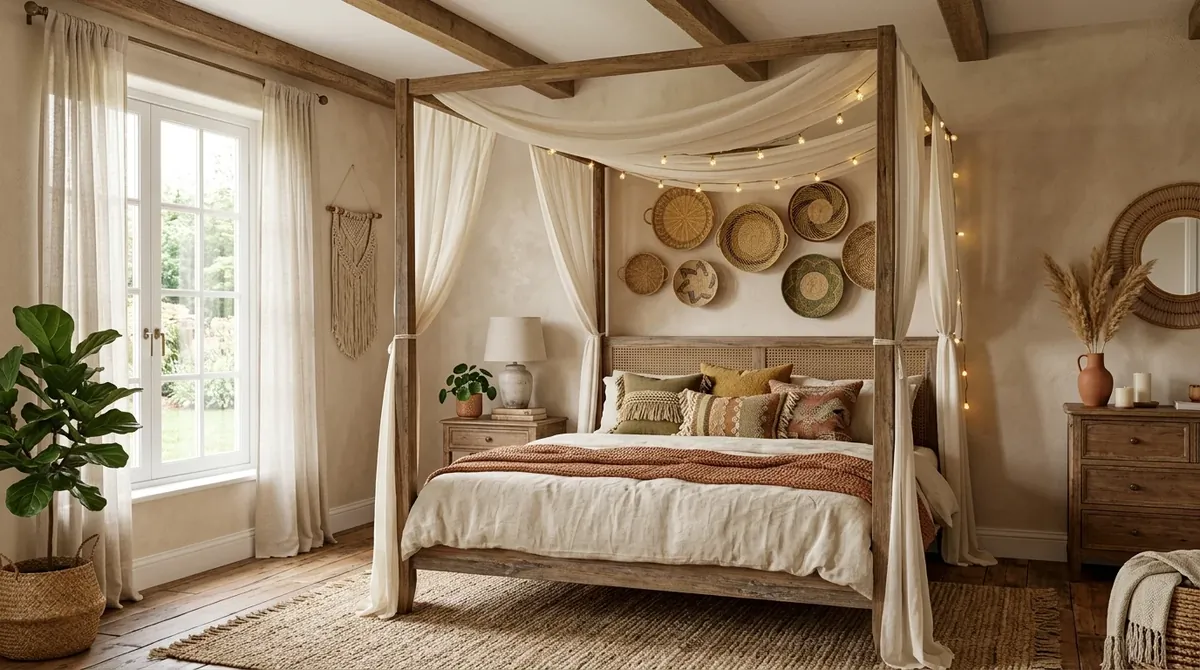 Boho farmhouse bedroom with draped canopy bed, woven baskets, earthy tones, and natural wood accents.