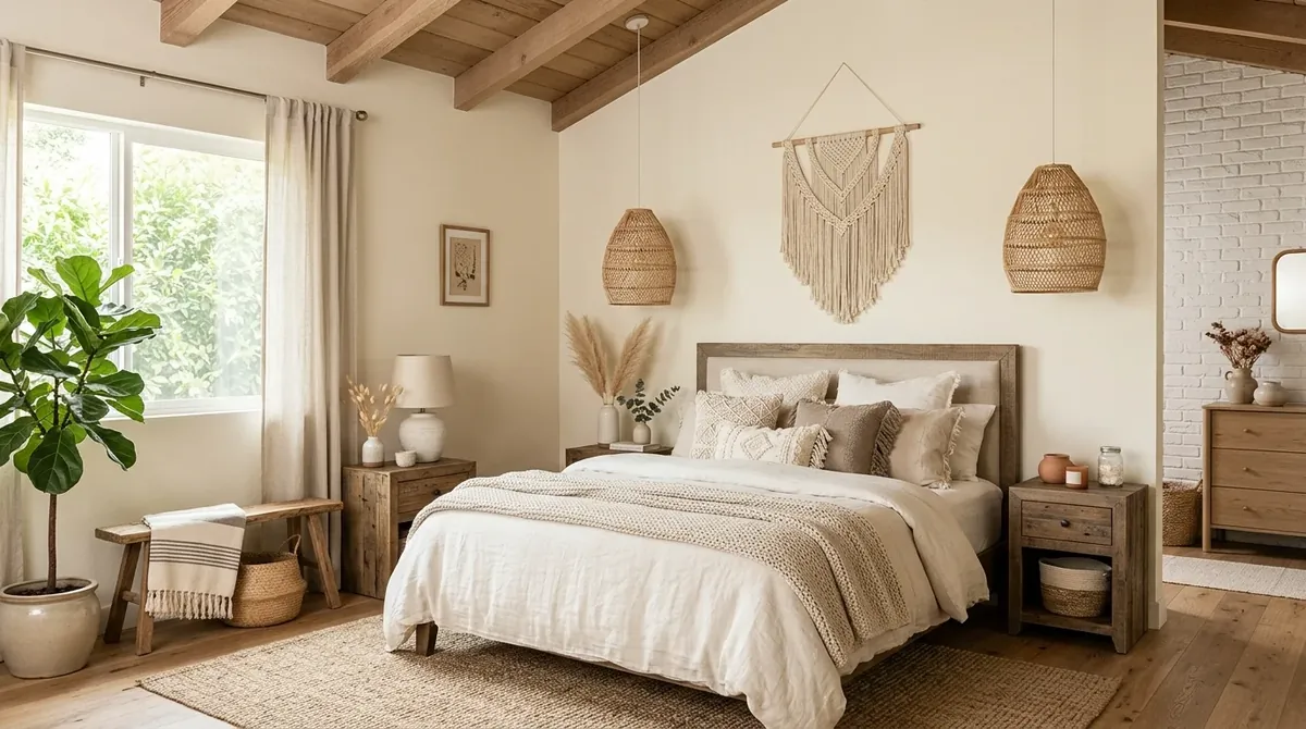 Neutral boho farmhouse bedroom with cream palette, textured bedding, woven pendants, and soft rustic styling.