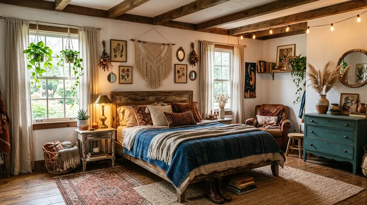 Artistic boho farmhouse bedroom with handmade decor, mismatched vintage furniture, layered textiles, and golden light.
