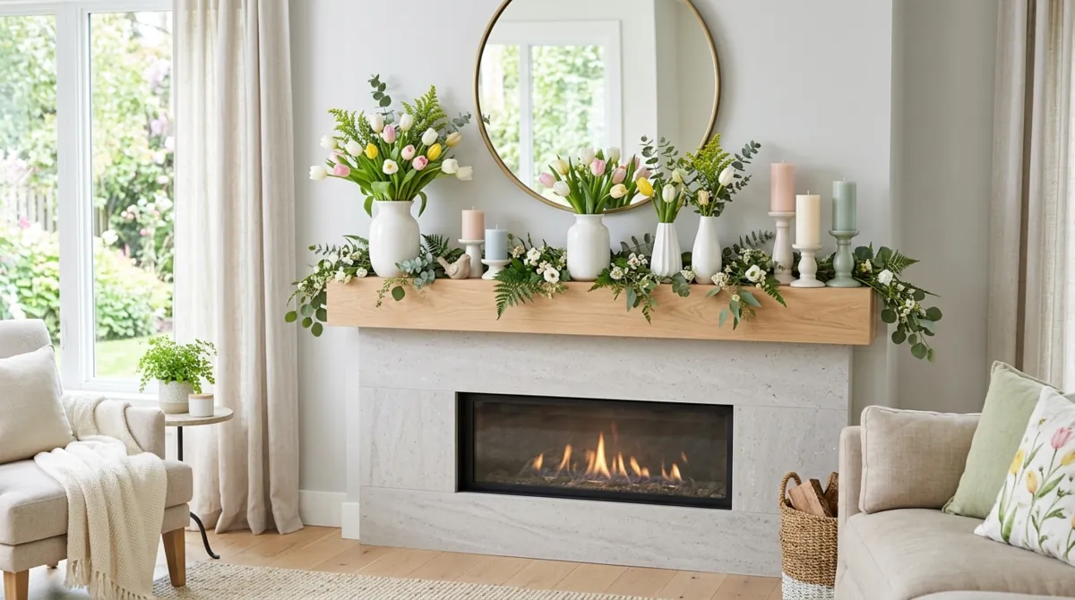 Fresh spring mantel with tulips, greenery garland, and pastel candles.