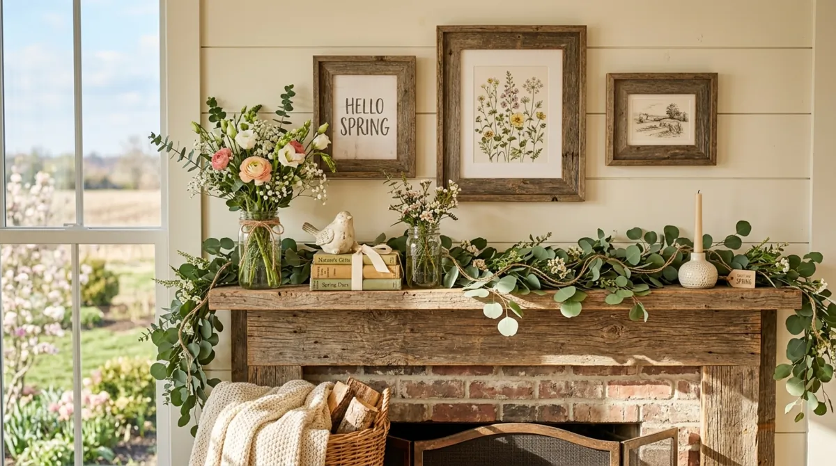 Farmhouse spring mantel with eucalyptus garland, wood frames, and mason jar flowers.