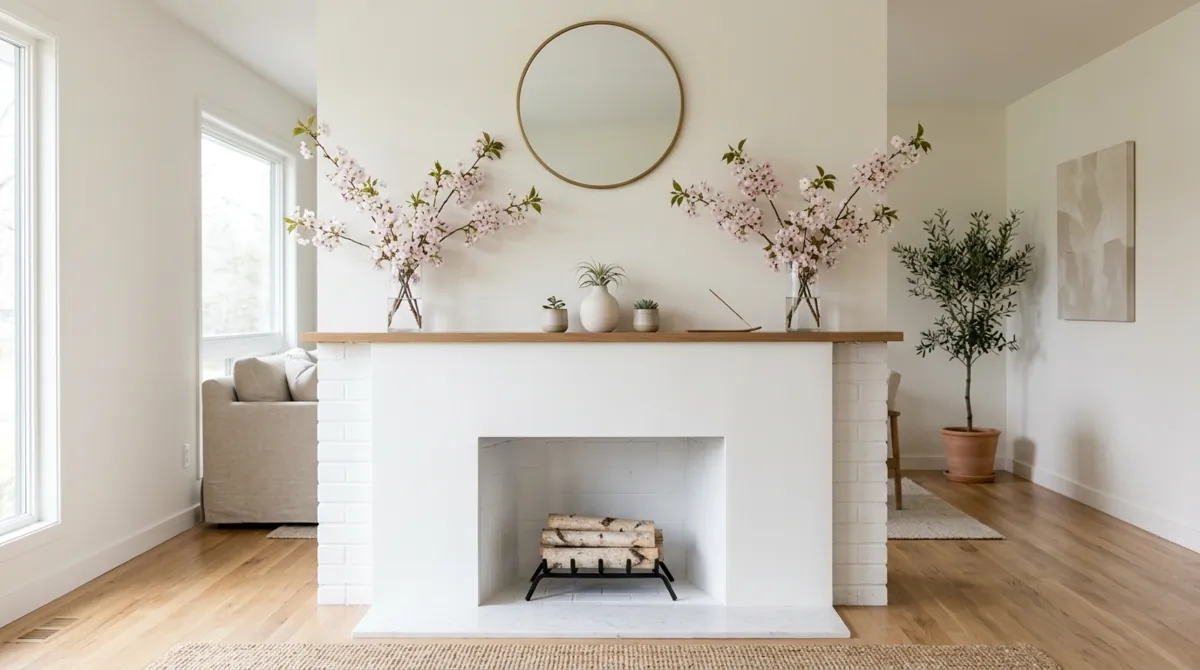 Minimal spring mantel with glass vases, cherry blossoms, and neutral accents.