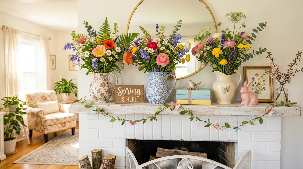 Colorful spring mantel with wildflowers in vintage pitchers and layered pastel decor.