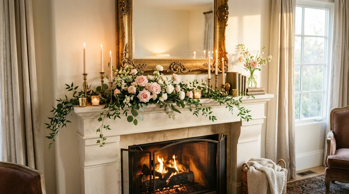 Romantic spring mantel with blush roses, candles, ornate mirror, and draped greenery.