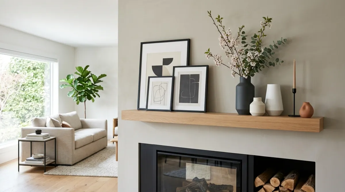Modern spring mantel with black framed art, geometric vases, and minimal greenery.