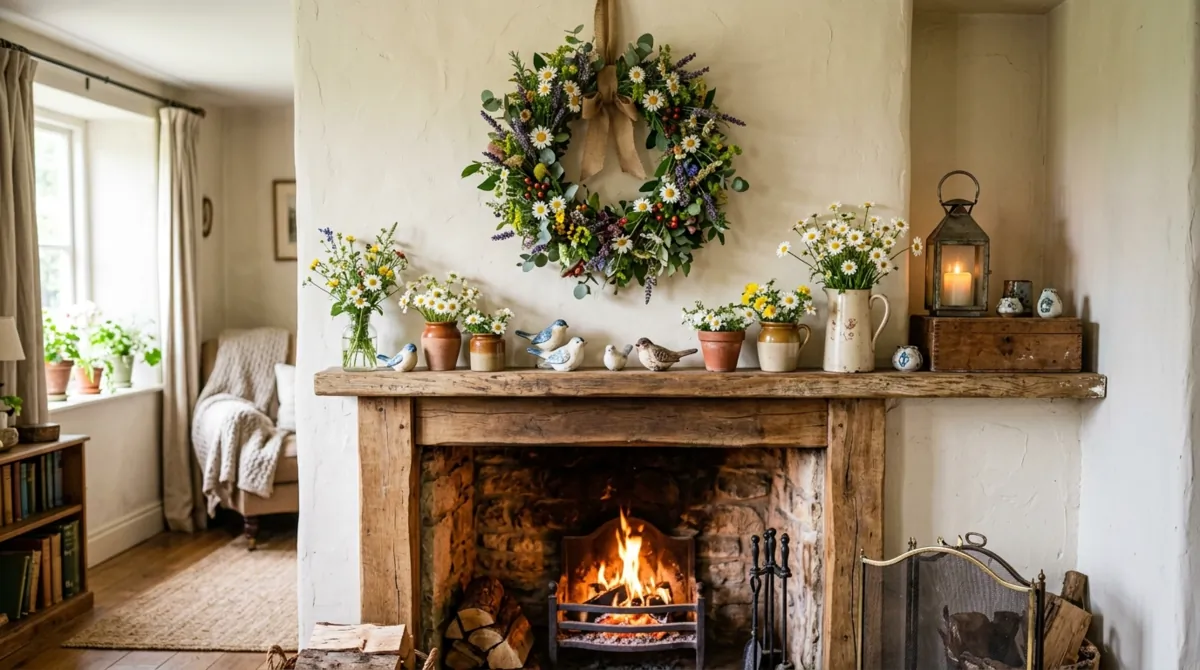 Cottage spring mantel with floral wreath, daisies, ceramic birds, and wood accents.