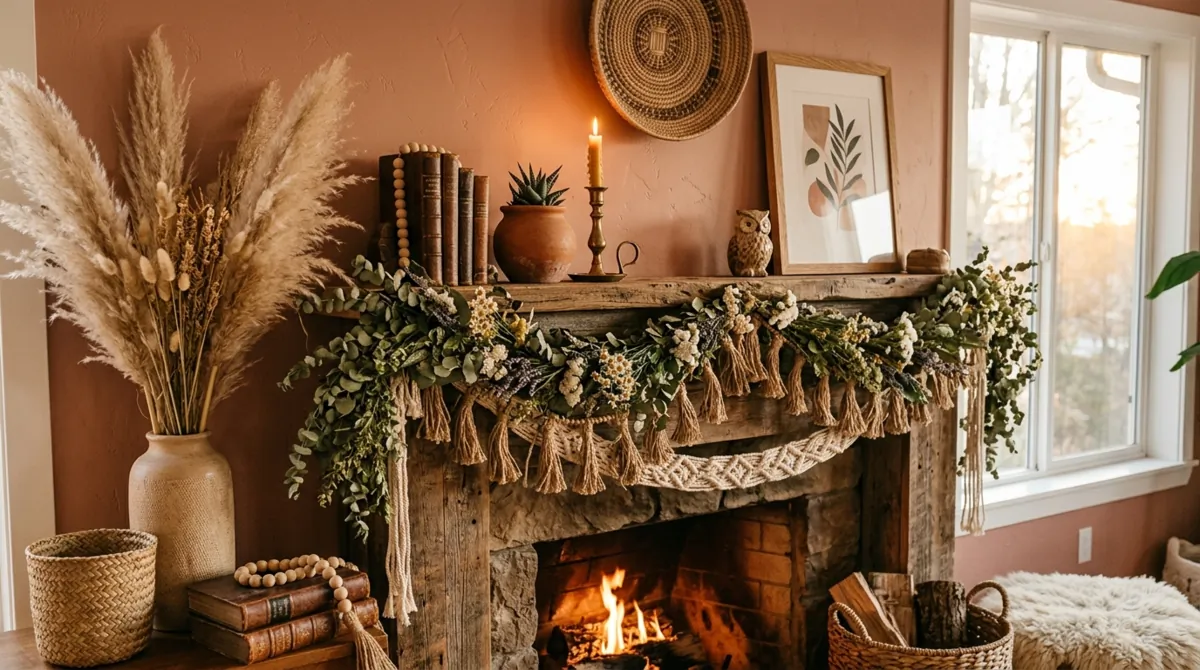 Bohemian spring mantel with textured garlands, pampas grass, woven decor, and earthy tones.