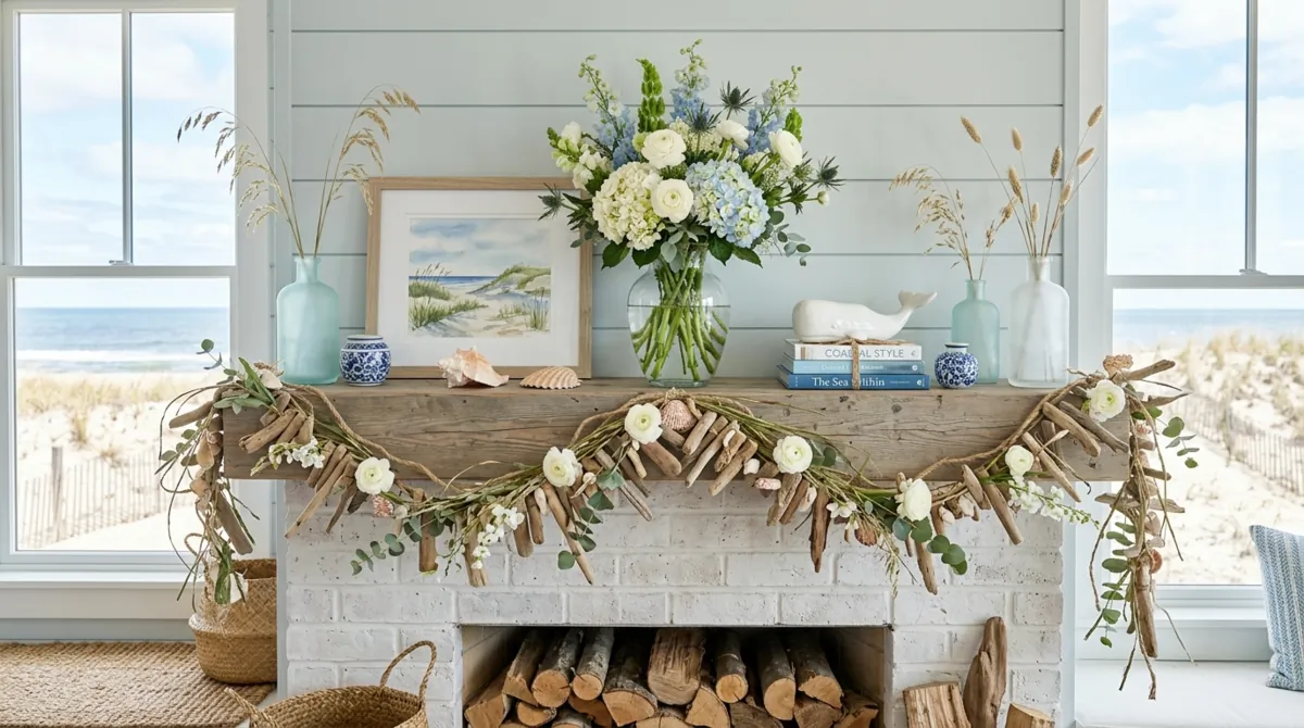 Coastal spring mantel with driftwood garland, sea glass vases, and blue and white accents.