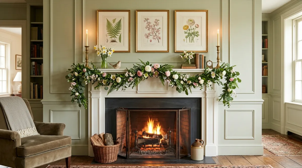 Traditional spring mantel with candle holders, botanical prints, and green garlands.