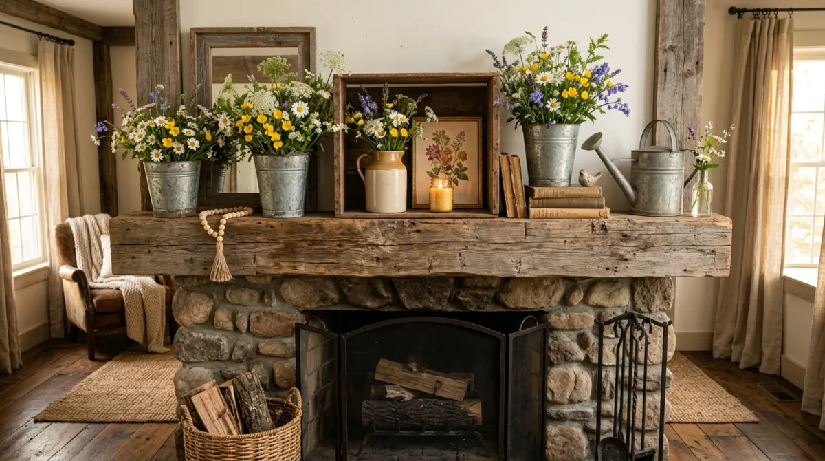 Rustic spring mantel with reclaimed wood decor, tin bucket wildflowers, and farmhouse accents.