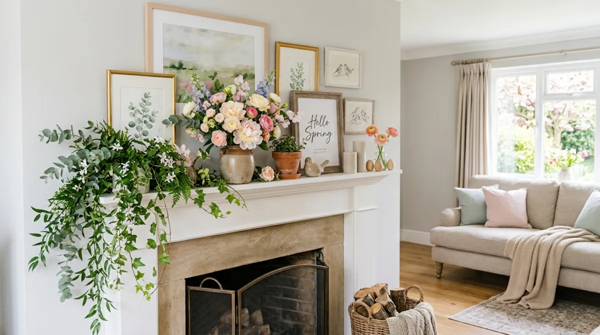 Bright spring mantel with cascading greenery, pastel flowers, framed art, and linen textures.