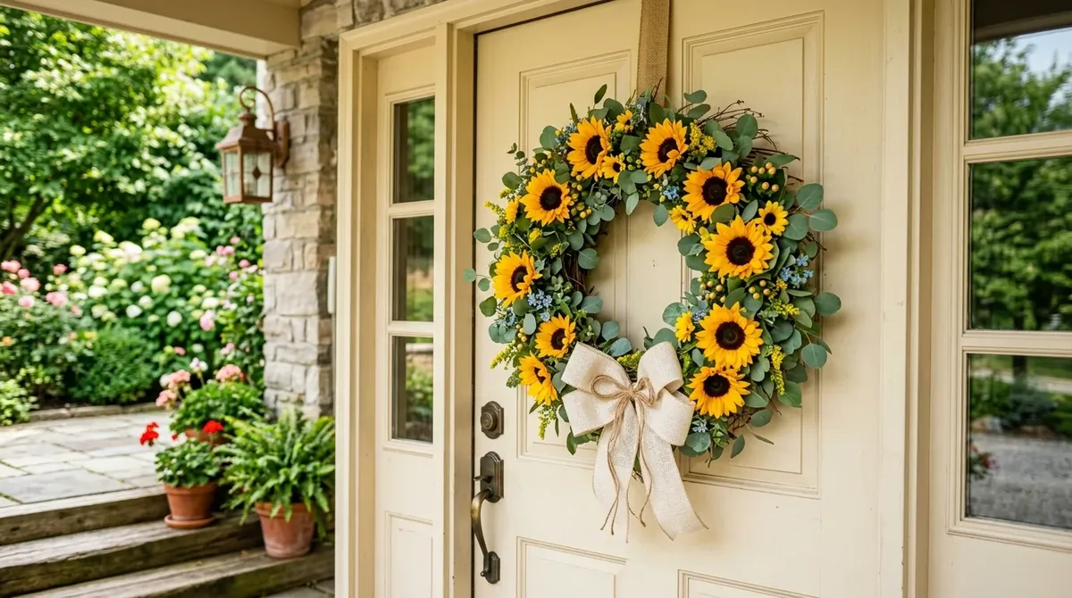 Summer wreath with lemons, greenery, and bright flowers on a sunny front door.