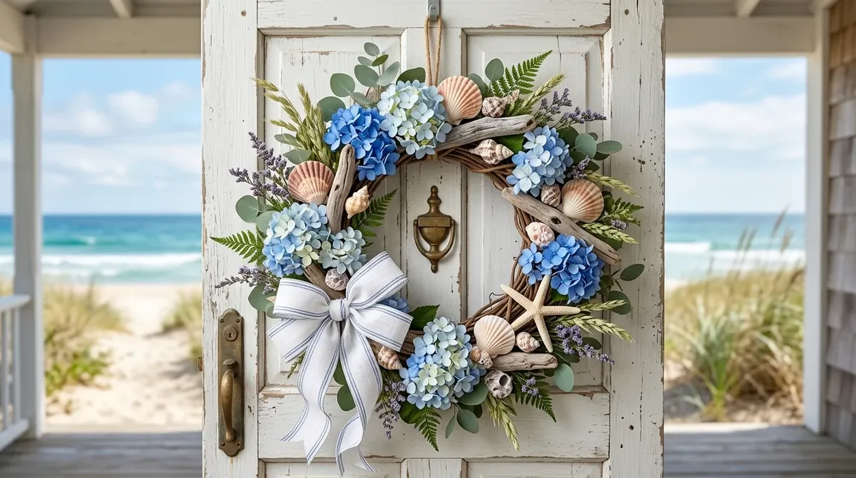 Front door wreath with pale blue ribbon, shells, and breezy summer notes.