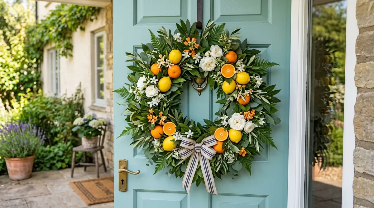 Summer wreath with colorful flowers and a cheerful cottage-garden feel.