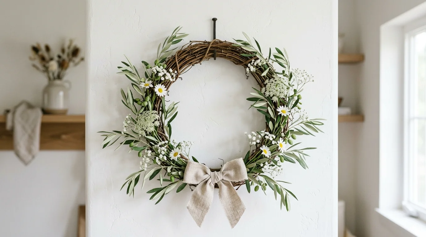 Simple summer wreath with leafy greenery and a fresh understated look.