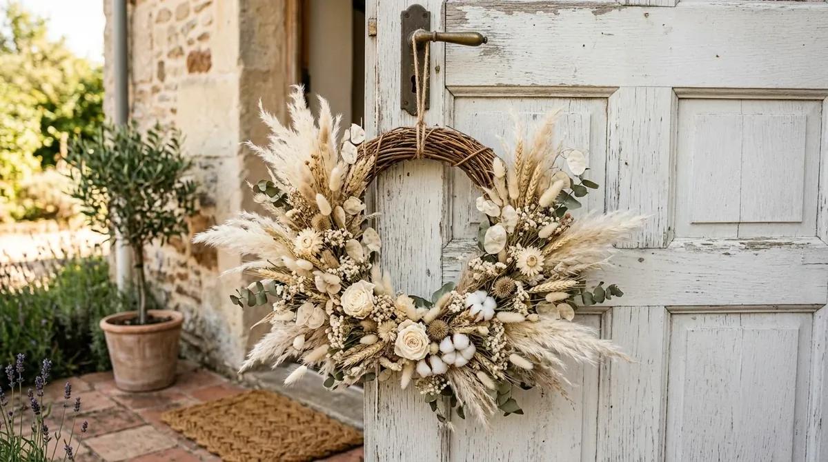 Wreath with sunflowers, soft greenery, and bold sunny color.