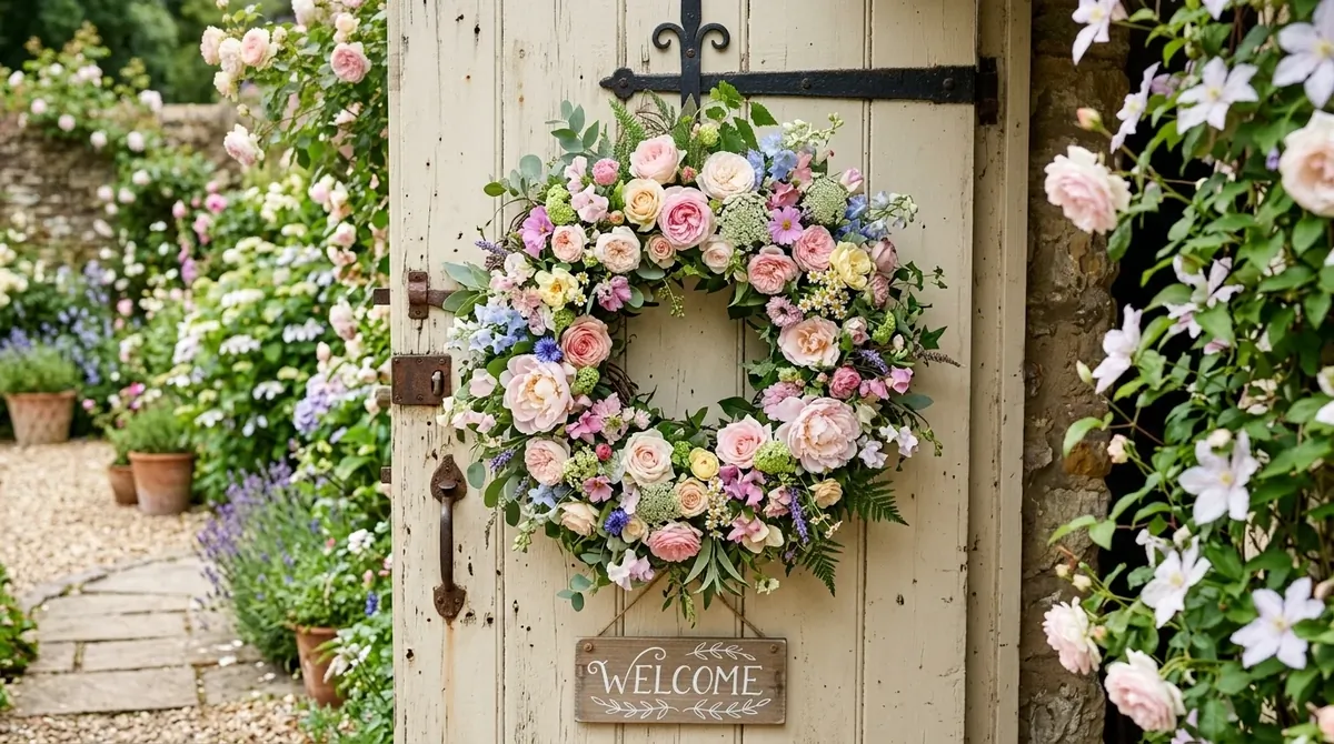 Front door wreath with white flowers and an airy elegant summer mood.
