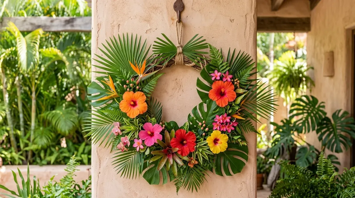 Summer wreath with tropical leaves and lush vacation-inspired energy.