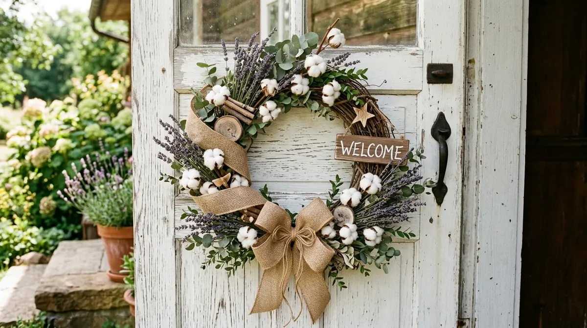 Door wreath with grasses, woven ribbon, and warm relaxed texture.