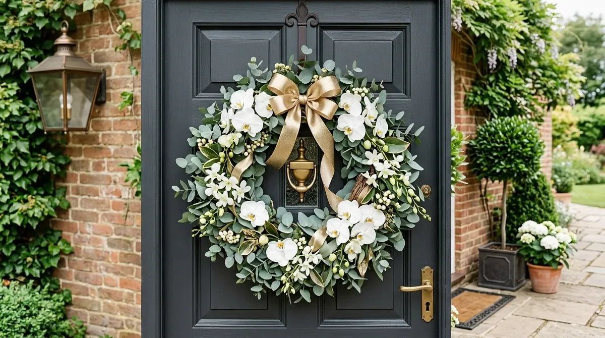 Front door wreath with pink blooms and playful feminine charm.
