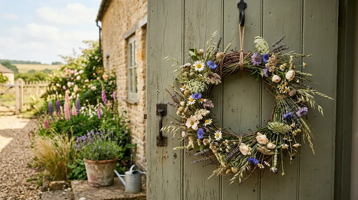 Summer wreath with full hydrangea blooms and classic porch style.