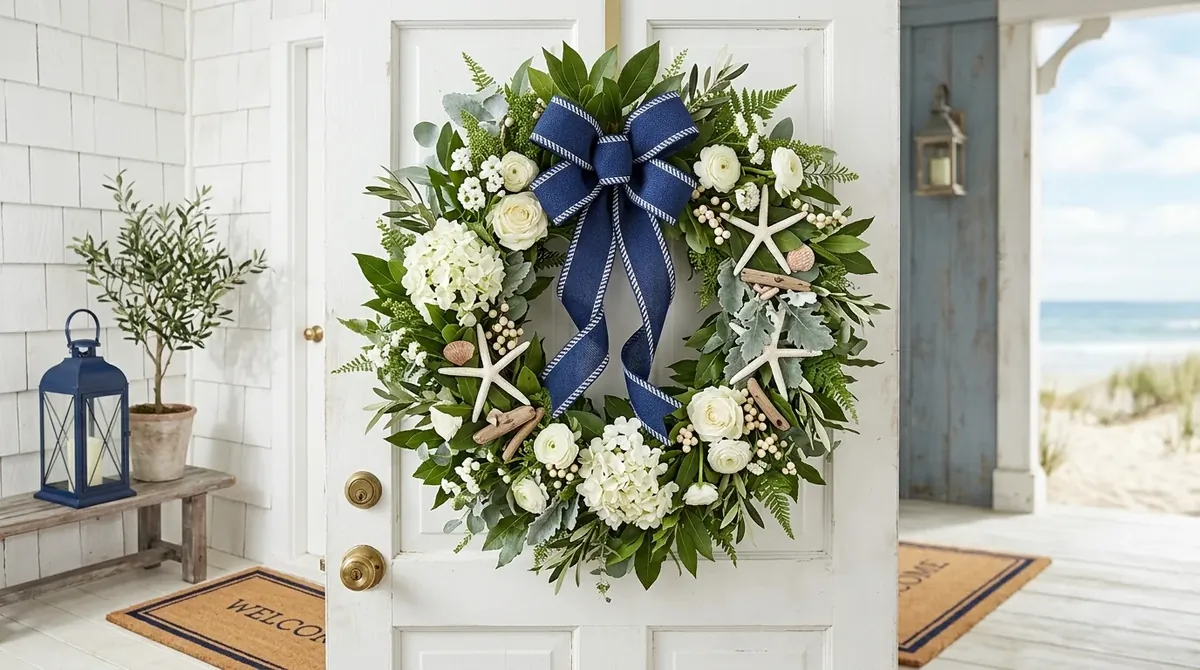 Door wreath with citrus notes, minimal greenery, and bright contemporary style.