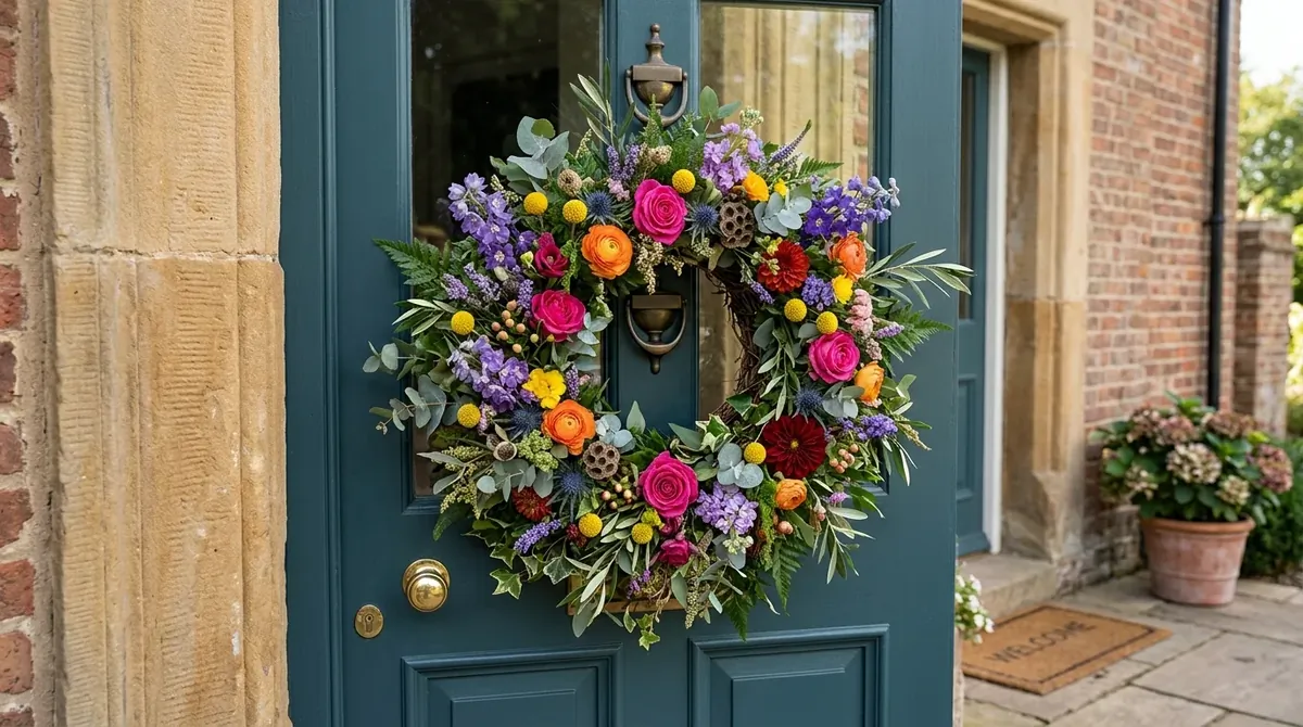 Wreath with pale florals, greenery, and a calm elegant front door finish.