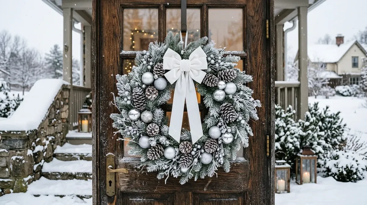 Frosted winter wreath with pine, silver accents, pinecones, and white bow on a dark front door.