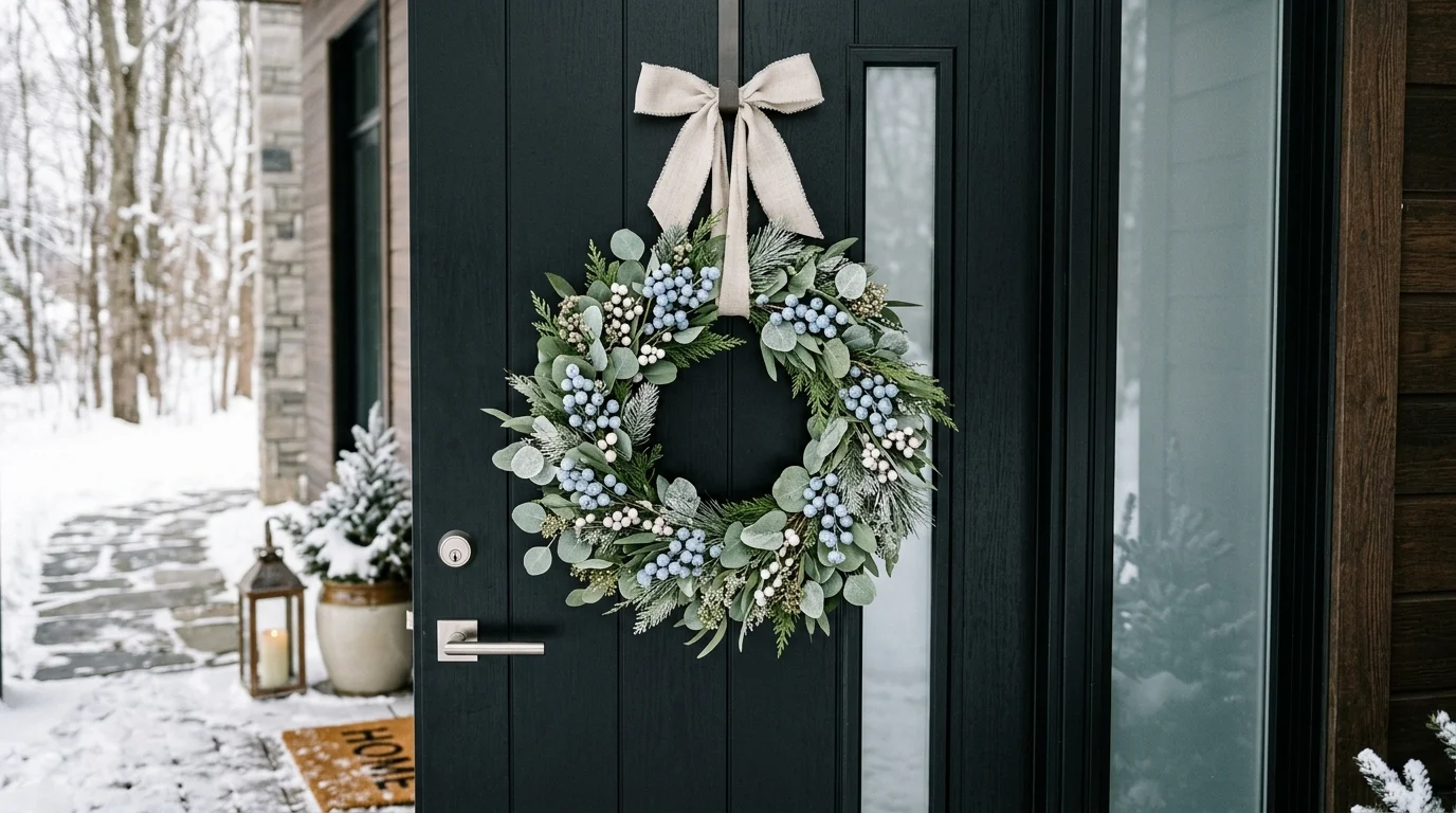 Minimal winter wreath with eucalyptus, icy blue berries, frosted greenery, and linen ribbon on black door.