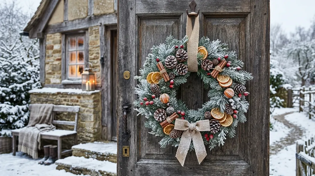 Rustic wreath with pinecones, dried orange, cinnamon sticks, faux snow, and countryside winter charm.