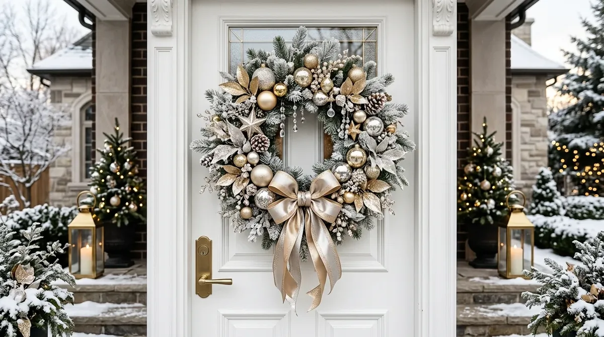 Luxury winter wreath with gold and silver ornaments, frosted leaves, crystal accents, and satin bow.