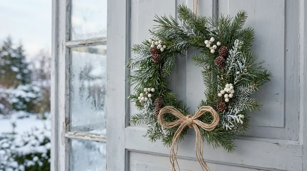 Scandinavian-style wreath with simple evergreen branches, white berries, twine bow, and light frost.